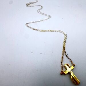 Two Tone Ombre Cross Pendant Necklace Silver Gold Ribbon Style Religious